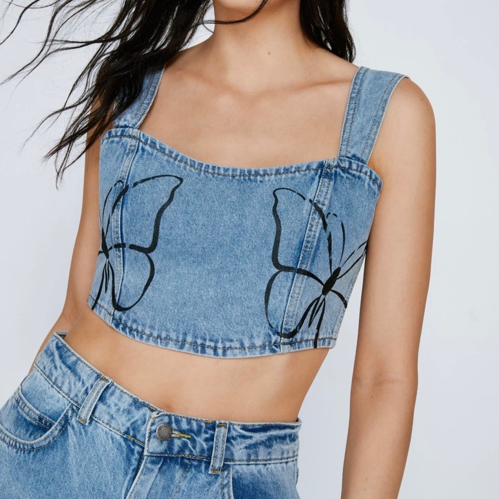 Printed Butterfly Denim Corset